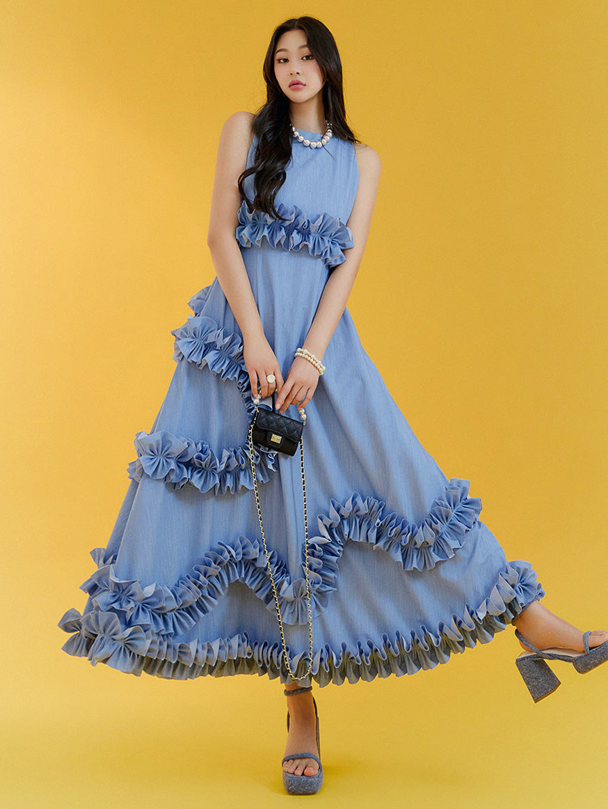 D9434 Denim Frill Sleeveless Dress