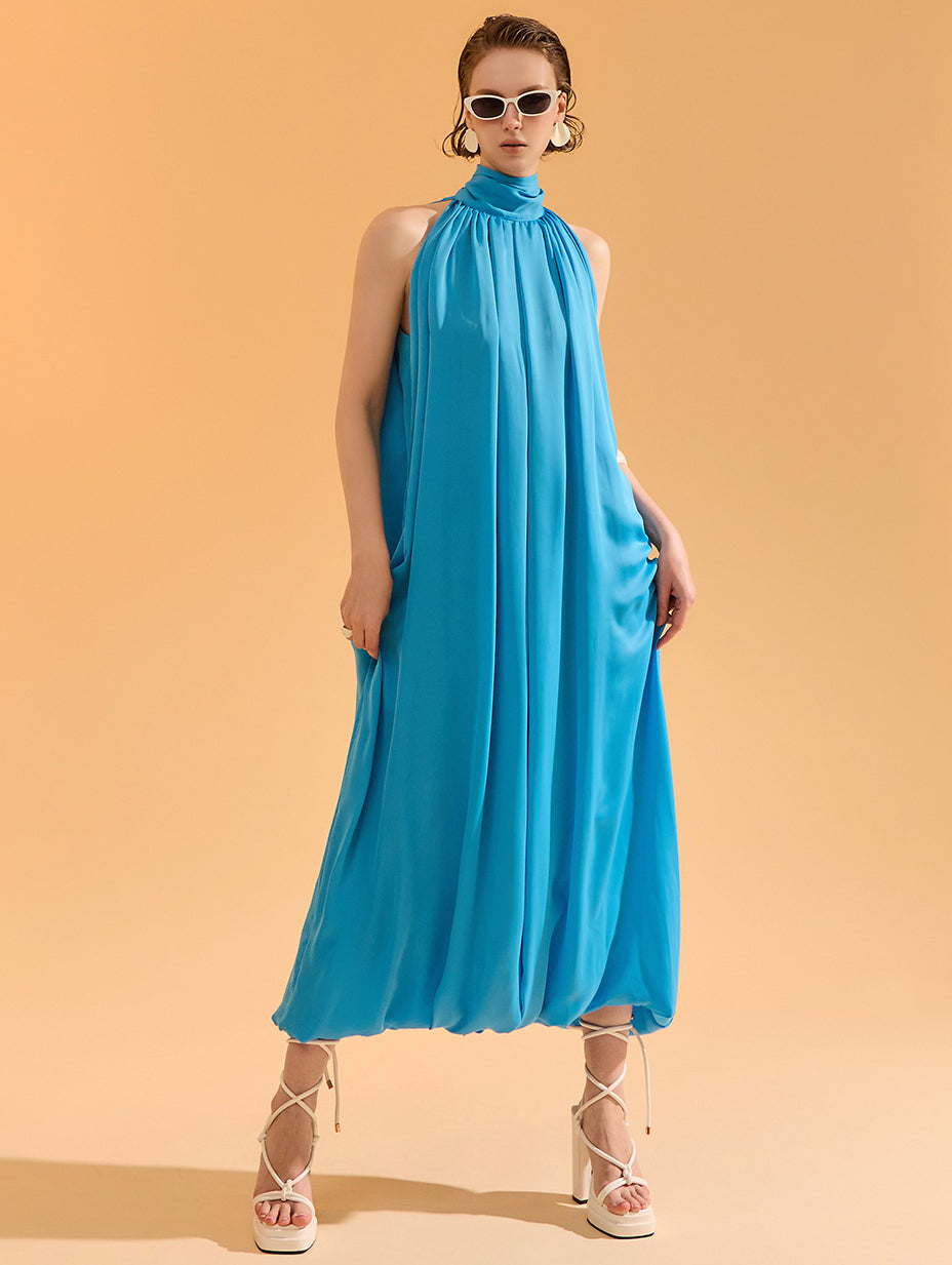 D9443 High-neck Scarf Shirring Long Dress