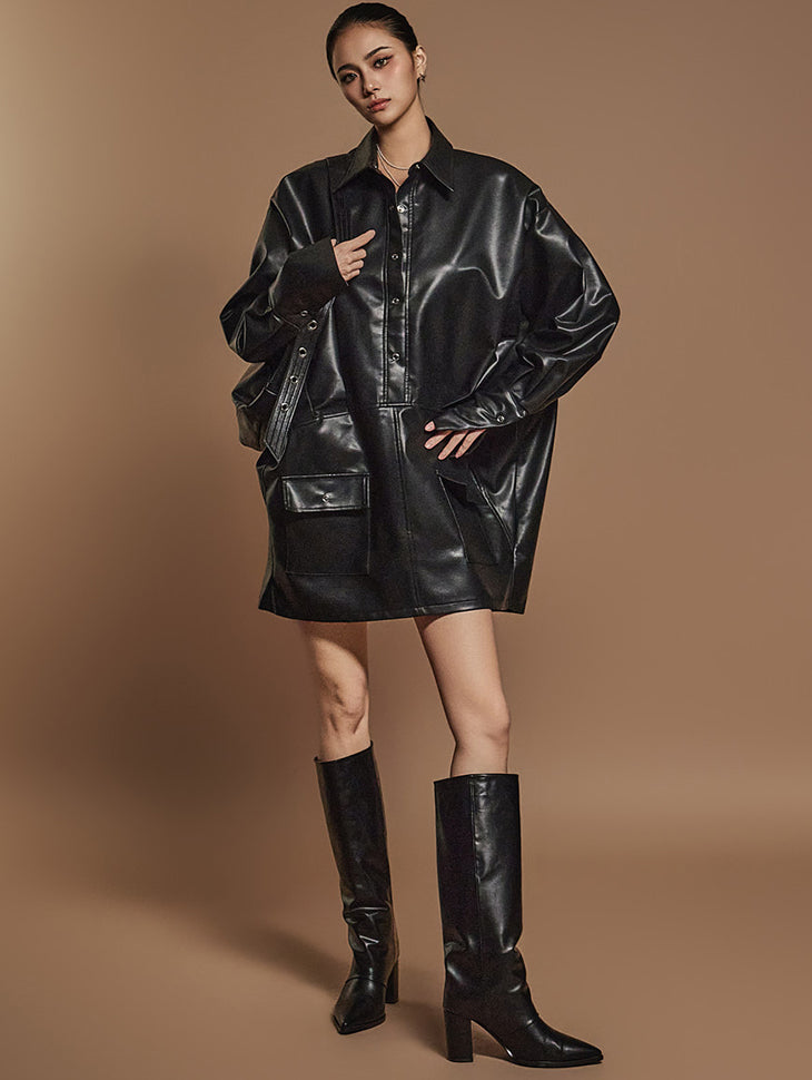 D5122 Leather Shirt Mini Dress