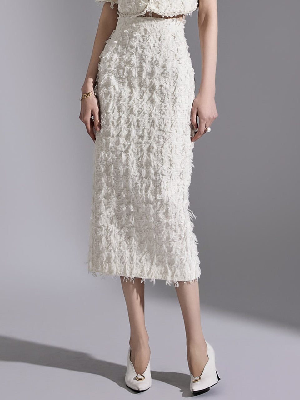 SK9225 Tweed Wool Fringe Midi Skirt