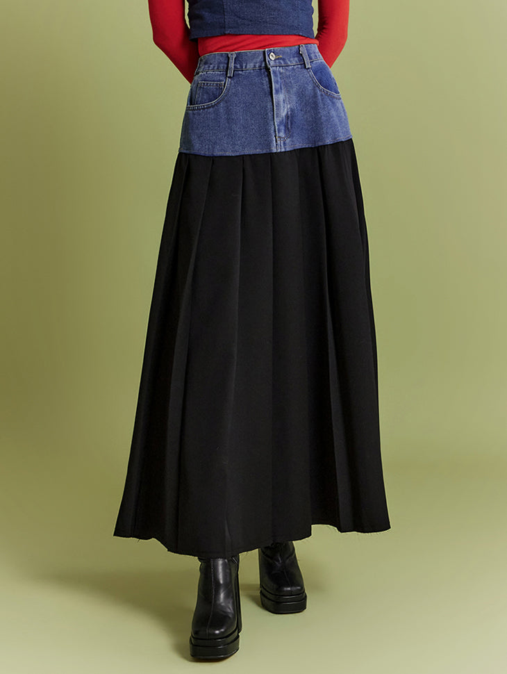SK2643 Denim Pleats Long Skirt