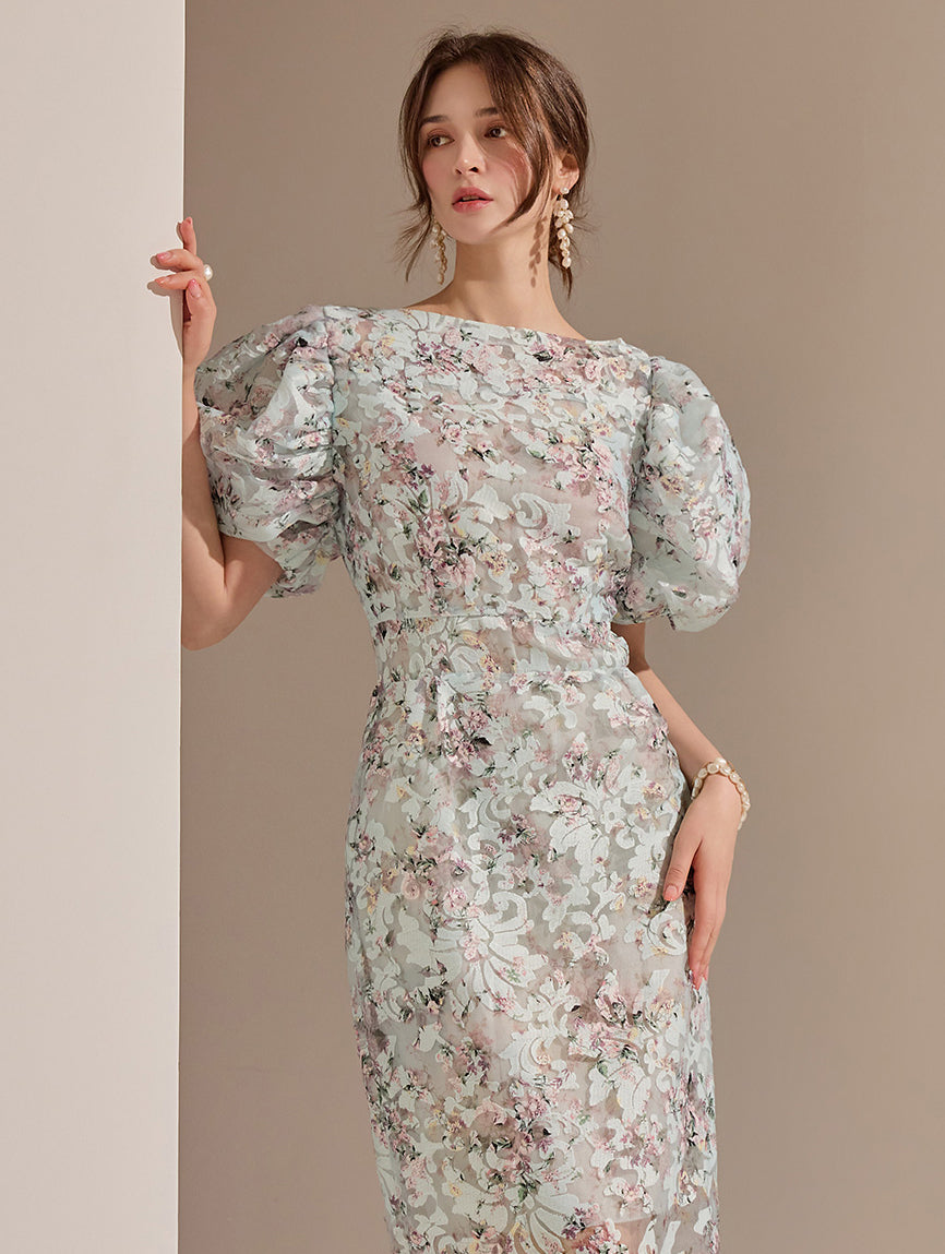 D9082 Floral Puff Slim Midi Dress*LARGE Size Available*