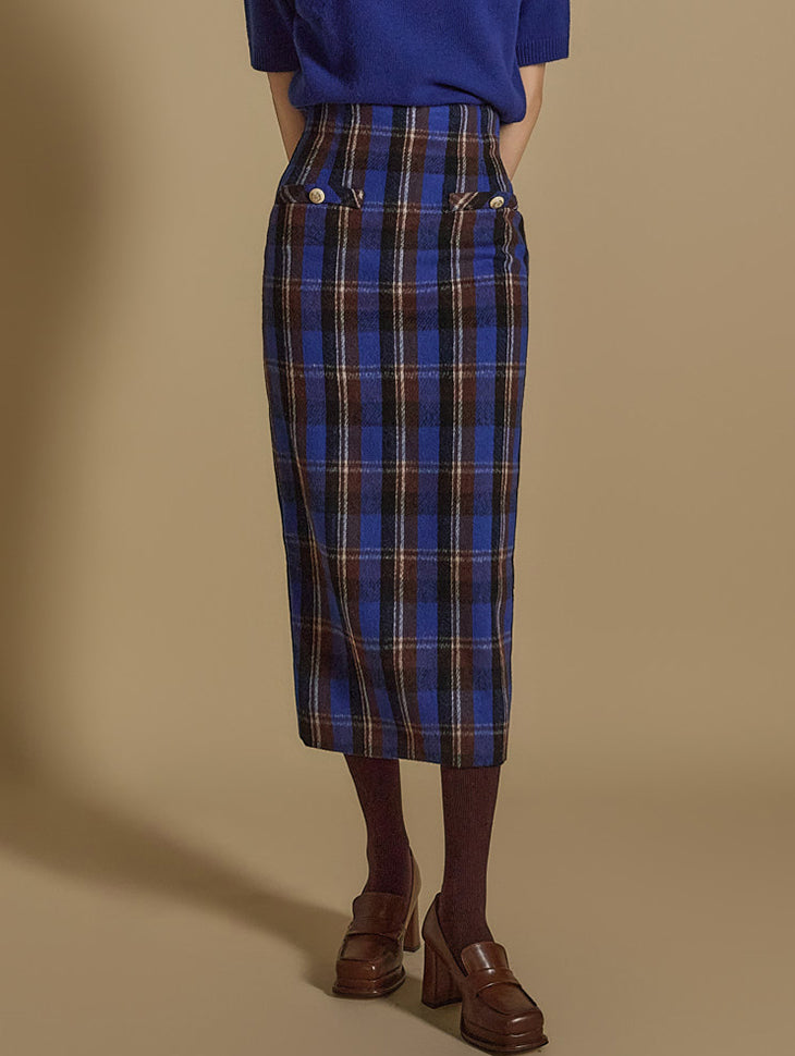 SK2896 Button Plaid Skirt