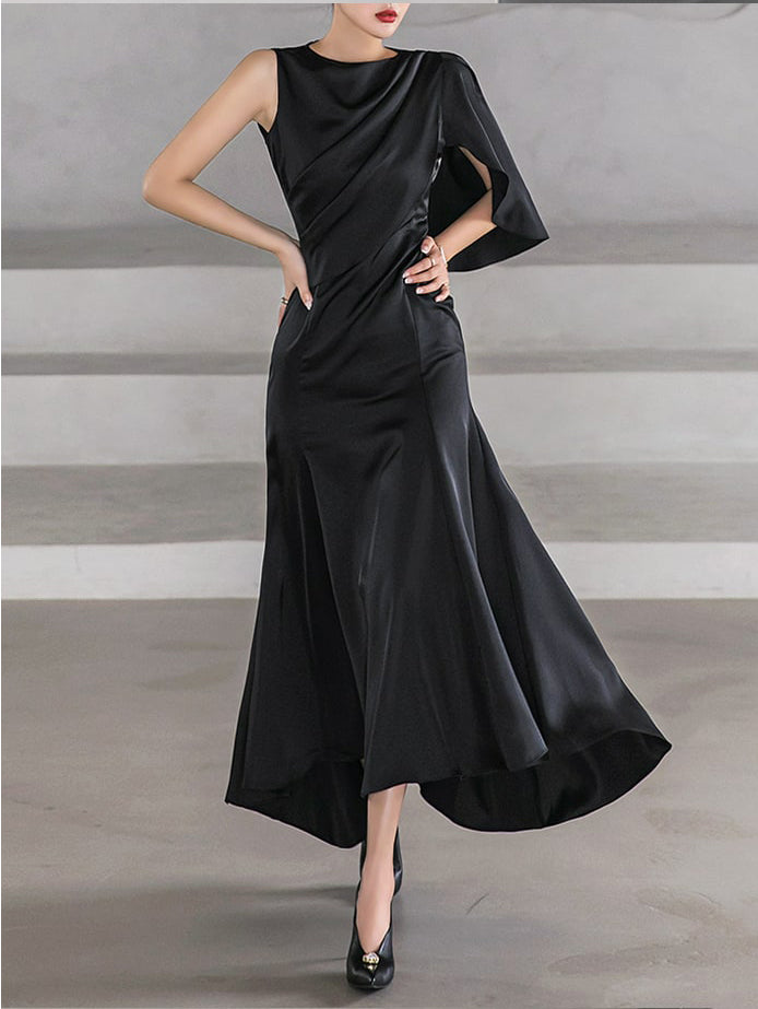 D9223 Satin One Shoulder Drape Long Dress