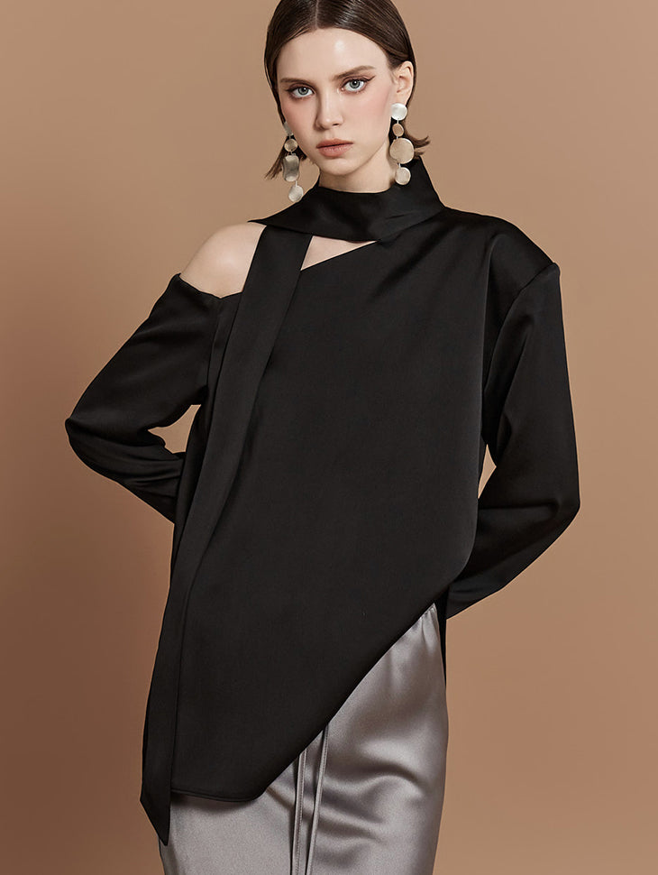 B9175 Satin One Shoulder Scarf Blouse