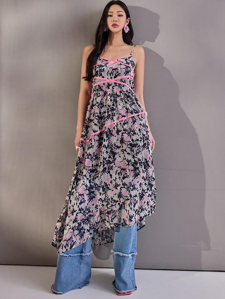 D4650 Printing Taping Sleeveless Dress
