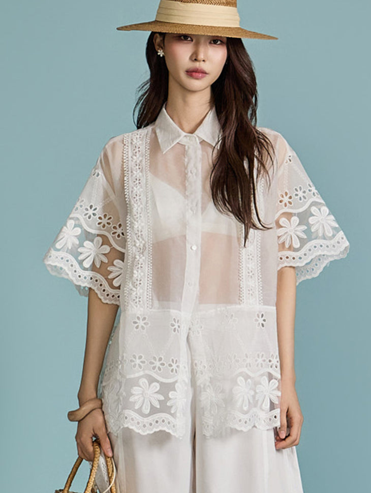 S651 Embroidered Sheer Shirt
