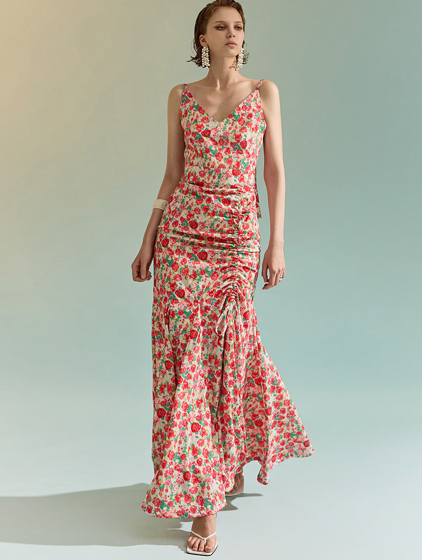 D9444 Floral Shirring Maxi Dress
