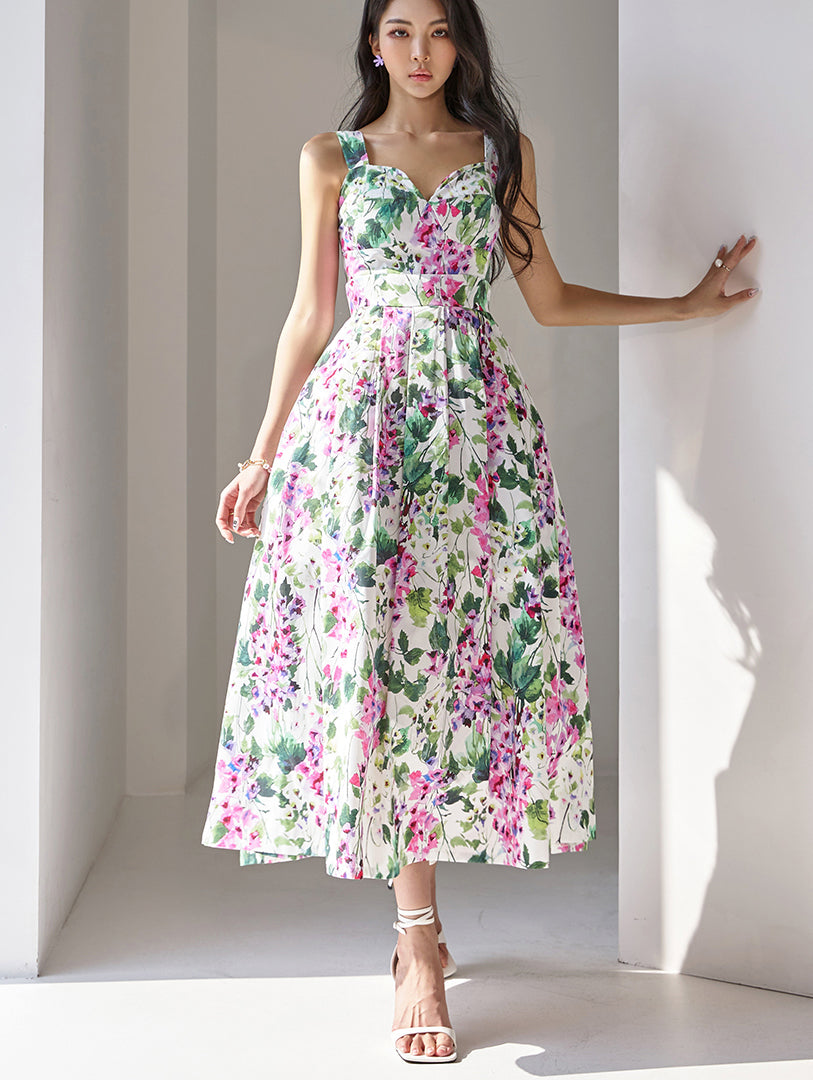 D9362 Flower Tube Top Sleeveless Midi Dress