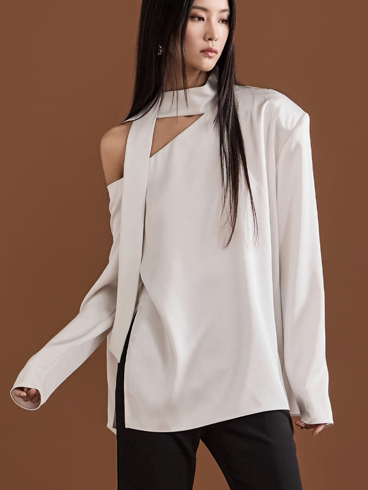 B9175 Satin One Shoulder Scarf Blouse