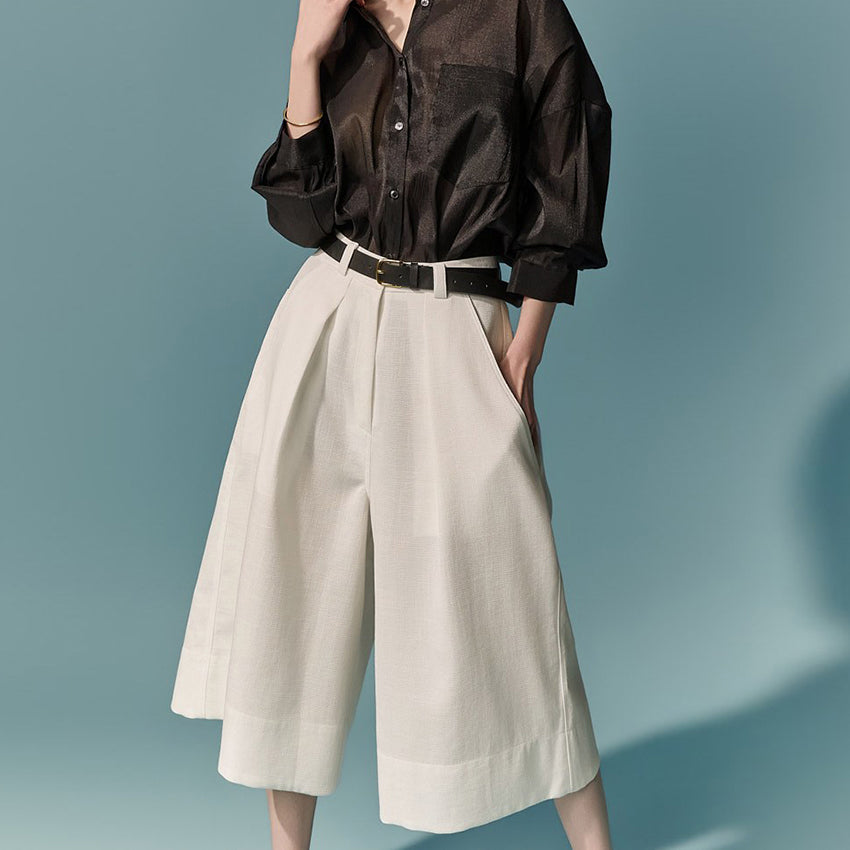P9198 Linen Double-Pleat Bermuda Pants