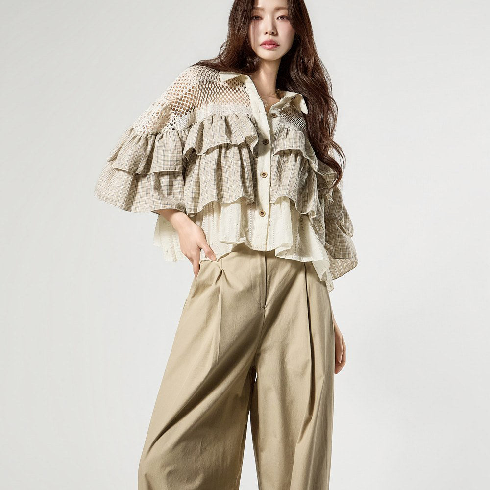 S869 Crochet Frill Check Shirts