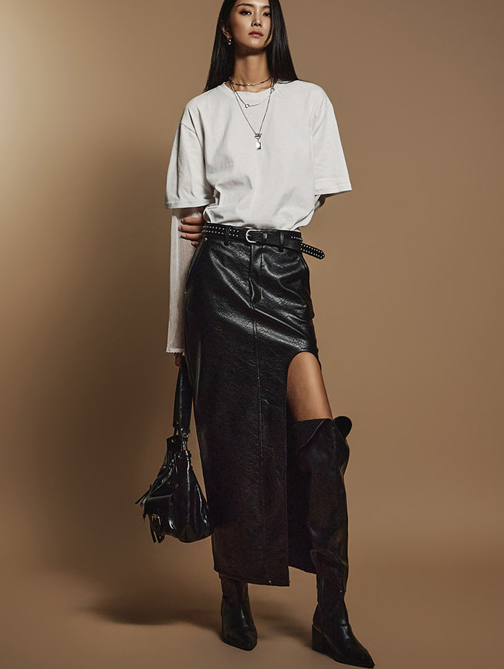 SK2810 Slit Leather Skirt