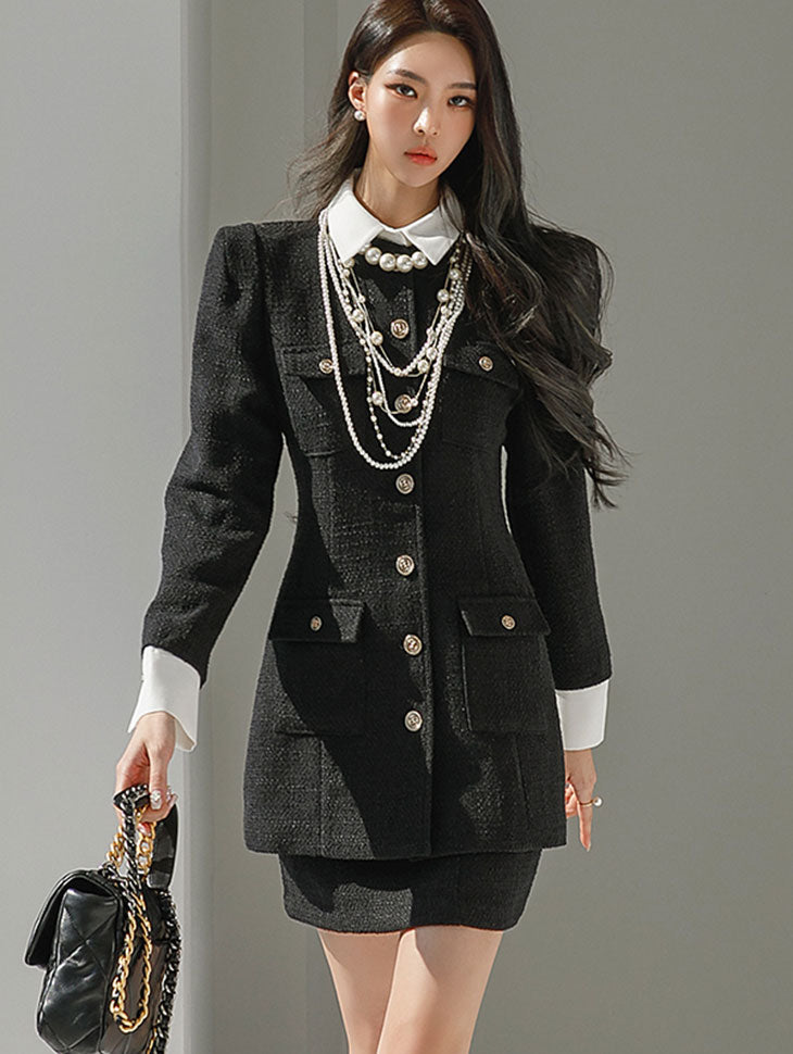 D4416 Tweed Gold Button Jacket Two-piece(Collar neck, Sleeve Detachable)